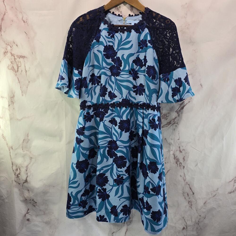Draper James Dress Womens 10 Blue Floral Embroidered Lace Zip Back